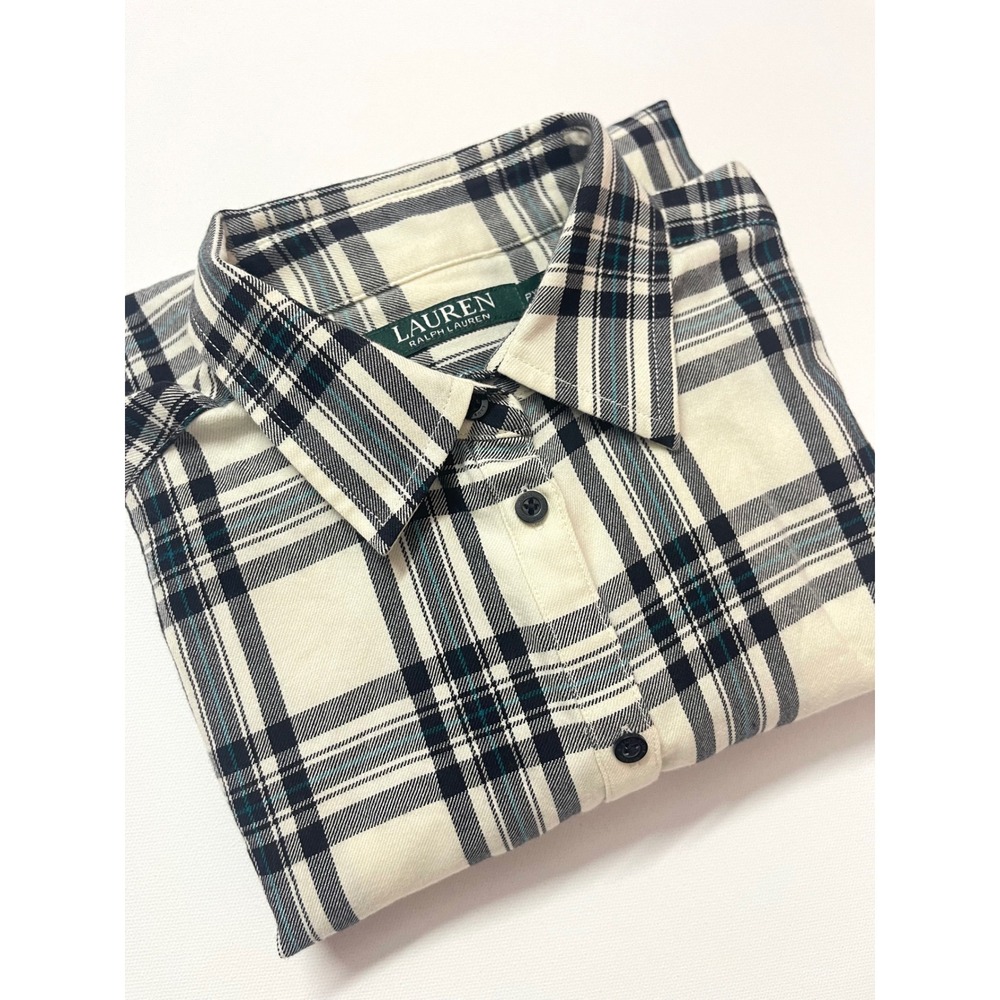 Lauren Ralph Lauren Womens Petite XS Plaid Cotton Button Down Shirt Cream Navy
